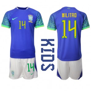 Brasilien Eder Militao #14 Bortaställ Barn VM 2022 Kortärmad (+ Korta byxor)